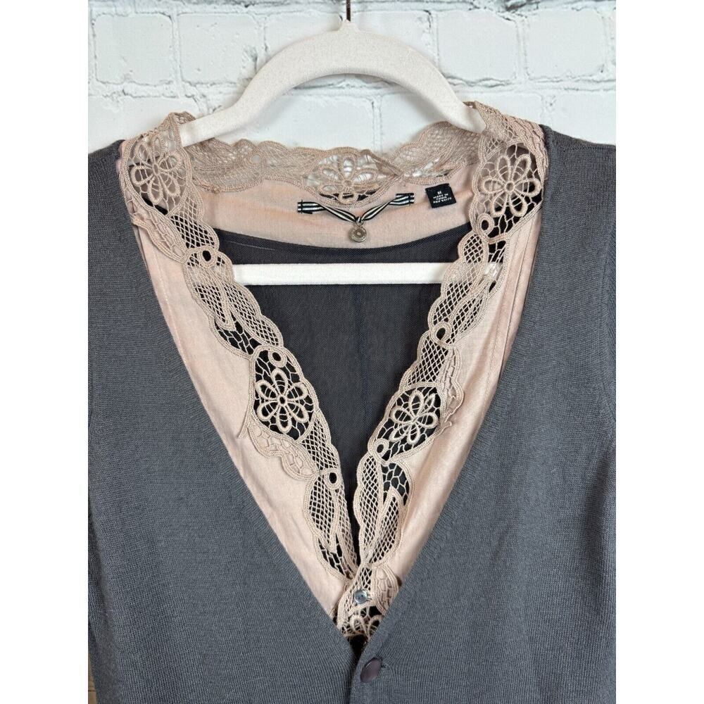 Knitted and Knotted Gray Cardigan with Lace Trim - Picture 2 of 12